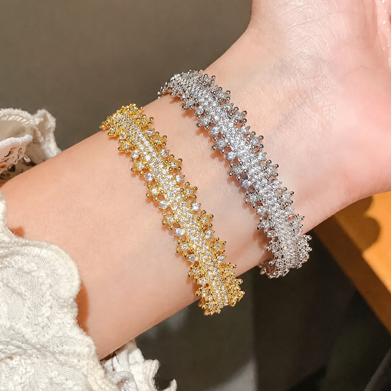 Lace-Edge Cubic Zirconia Cuff Bracelet - 18K Gold & Silver Plated