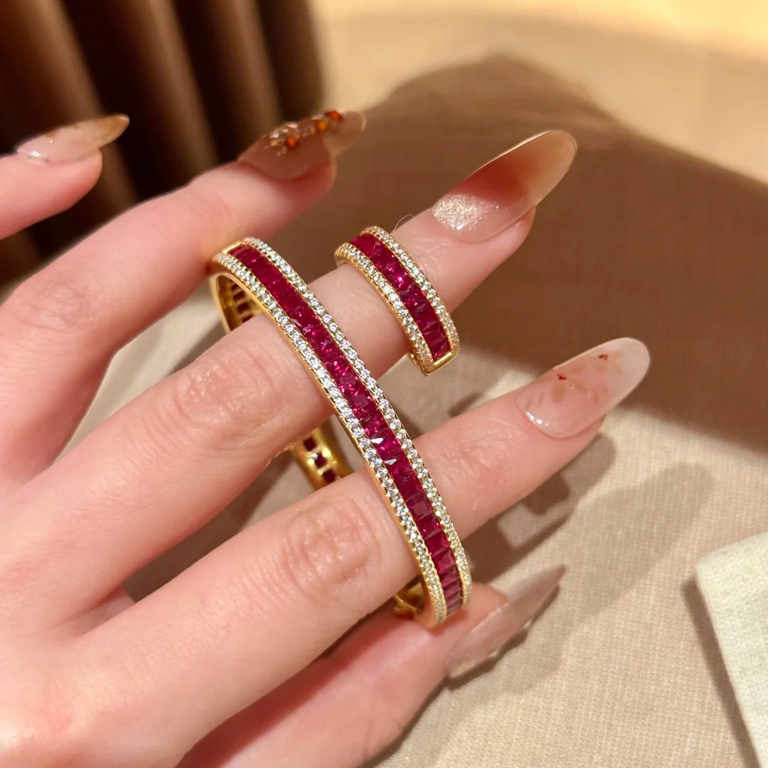 Luxury Blue & Red Spinel Zircon Bangle & Ring Set - Stackable Statement Bangle for Women