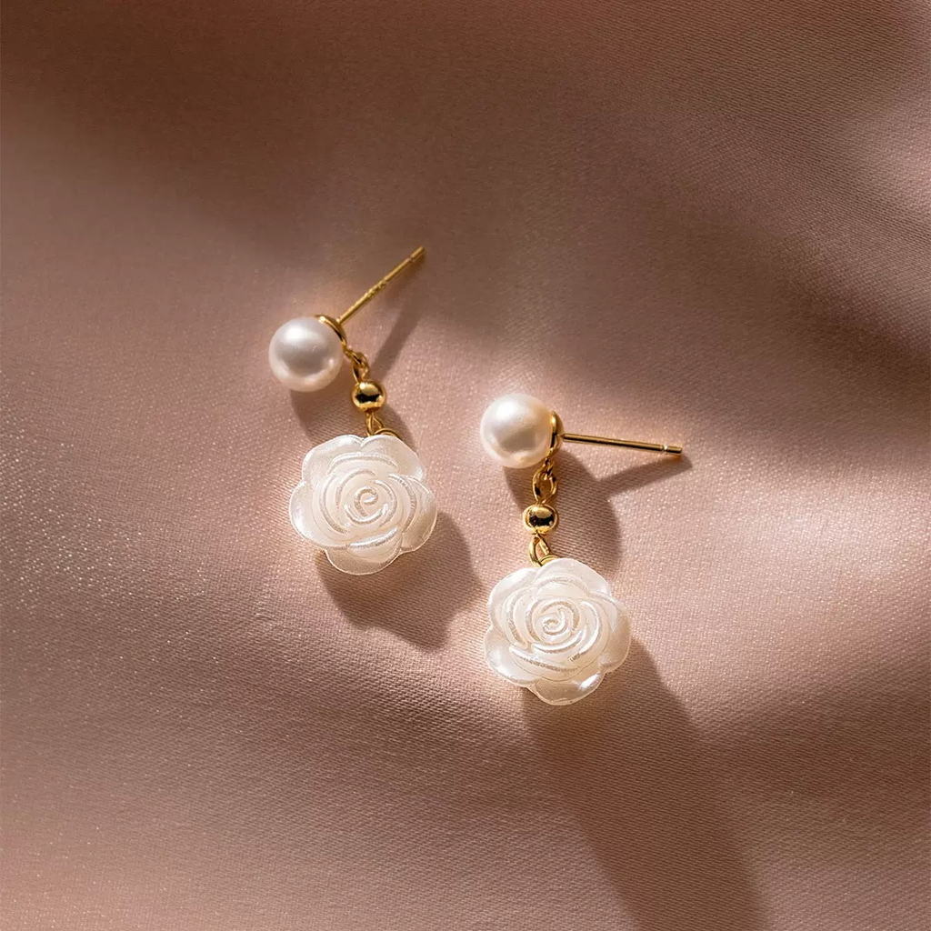 S925 Silver Freshwater Pearl Rose Drop Earrings