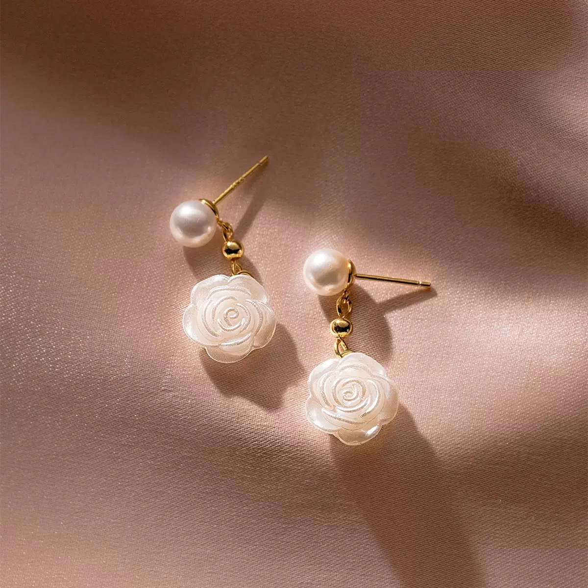 S925 Silver Freshwater Pearl Rose Drop Earrings