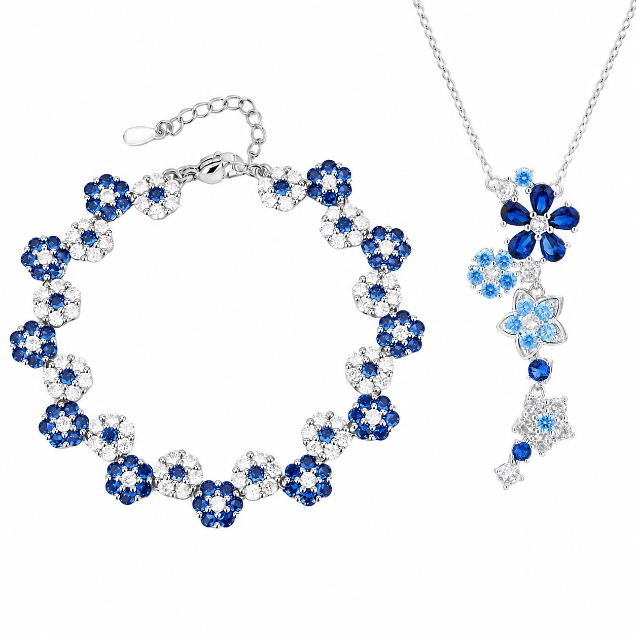 Juego de pulsera y collar de cristal de flor azul con púas