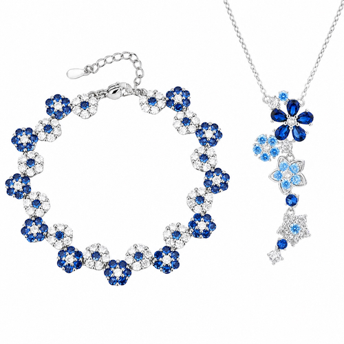 Juego de pulsera y collar de cristal de flor azul con púas