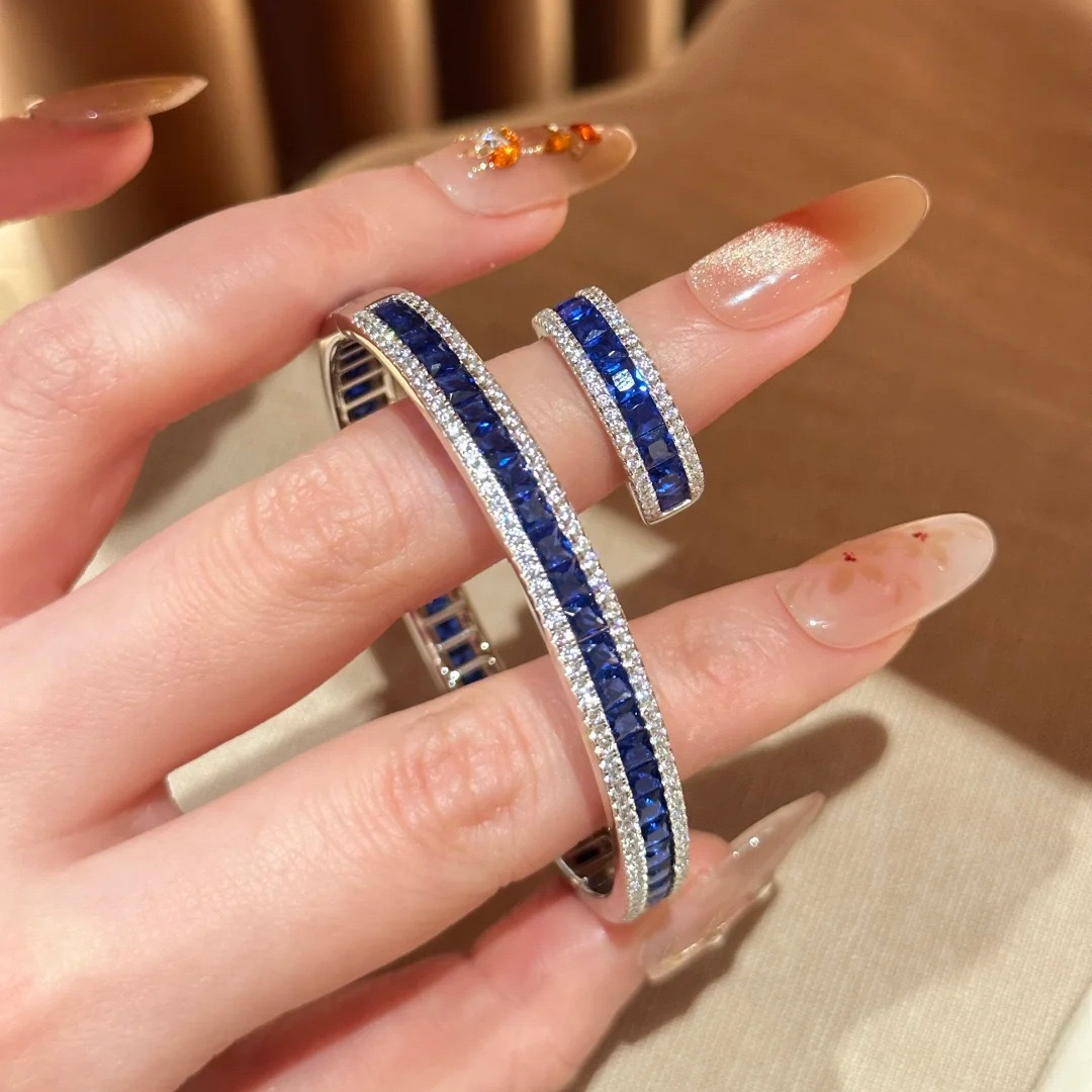 Luxury Blue & Red Spinel Zircon Bangle & Ring Set - Stackable Statement Bangle for Women