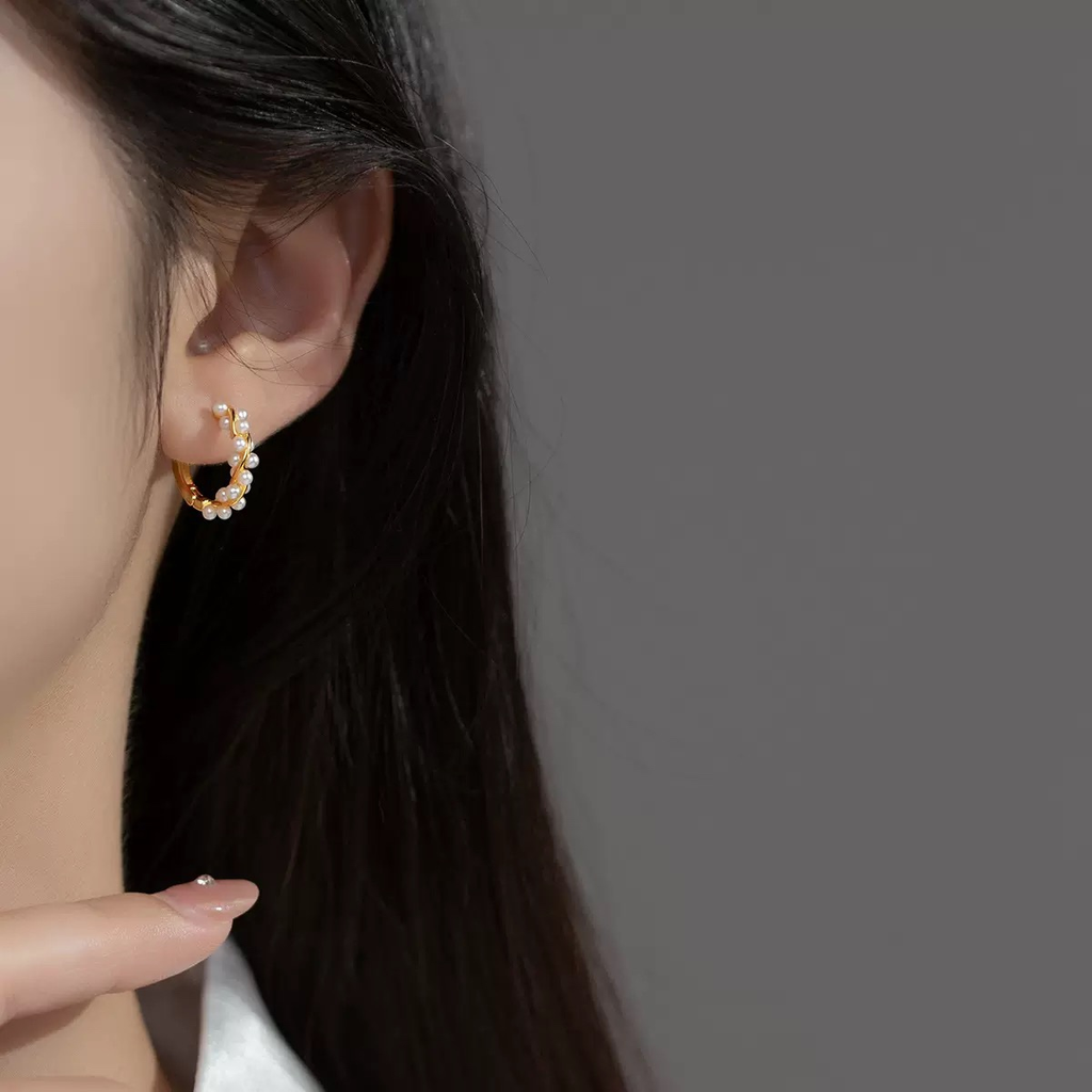 S925 Silver Twisted Pearl Hoop Earrings