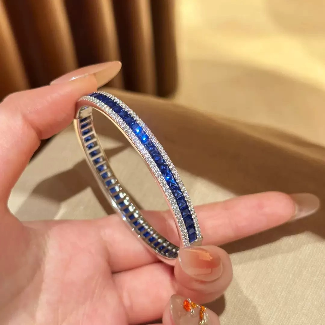 Luxury Blue & Red Spinel Zircon Bangle & Ring Set - Stackable Statement Bangle for Women