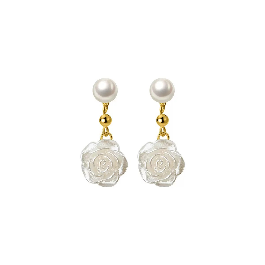 S925 Silver Freshwater Pearl Rose Drop Earrings