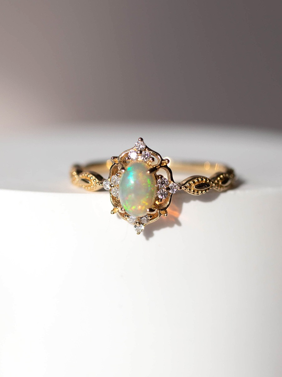 S925 Silver Plated 18K Gold Artificial Opal Ring