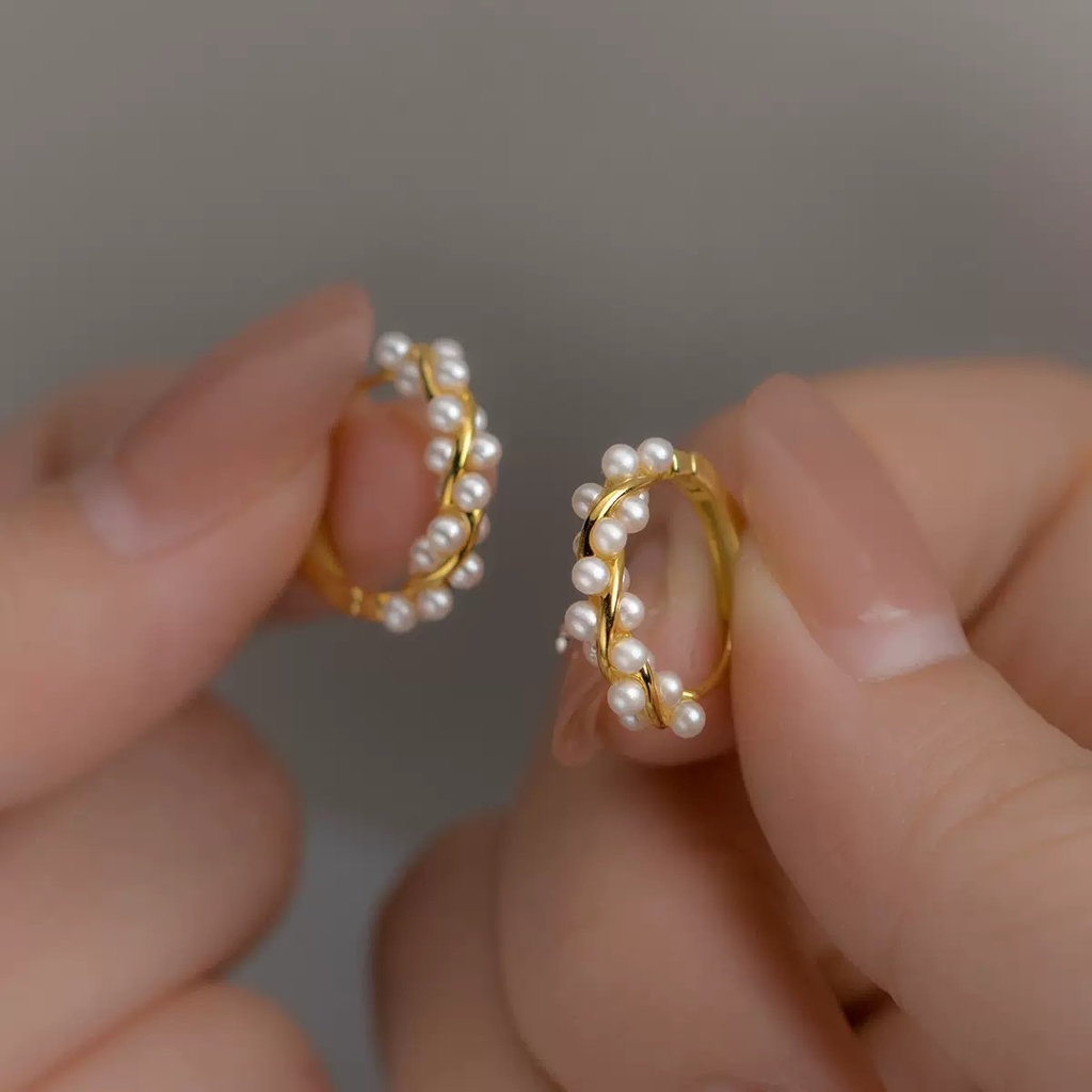 S925 Silver Twisted Pearl Hoop Earrings