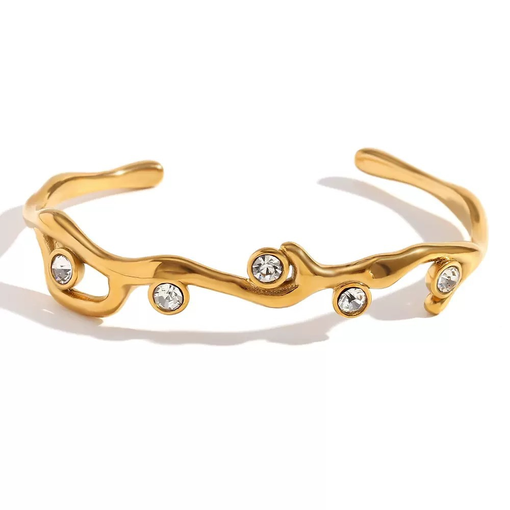 18K Gold-Plated Titanium Steel Cuff Bracelet with Cubic Zirconia
