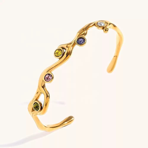 18K Gold-Plated Titanium Steel Cuff Bracelet with Cubic Zirconia